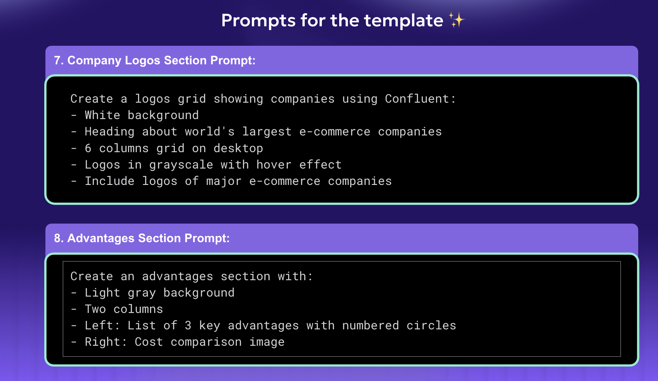 UI prompts for company logos grid and advantages section including layout, grayscale logos, and two-column benefits with comparison image