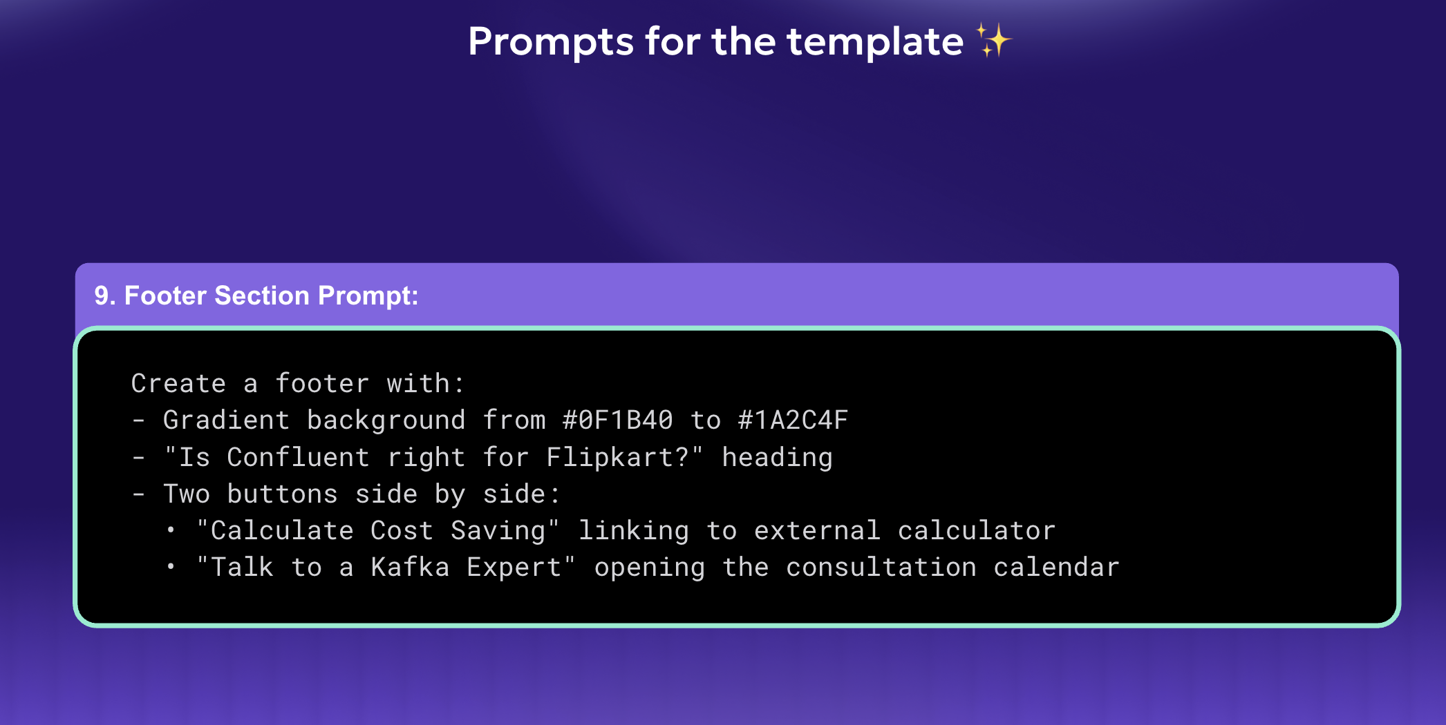 UI prompt card describing footer section design with gradient background, CTA buttons for cost calculator and Kafka expert consultation