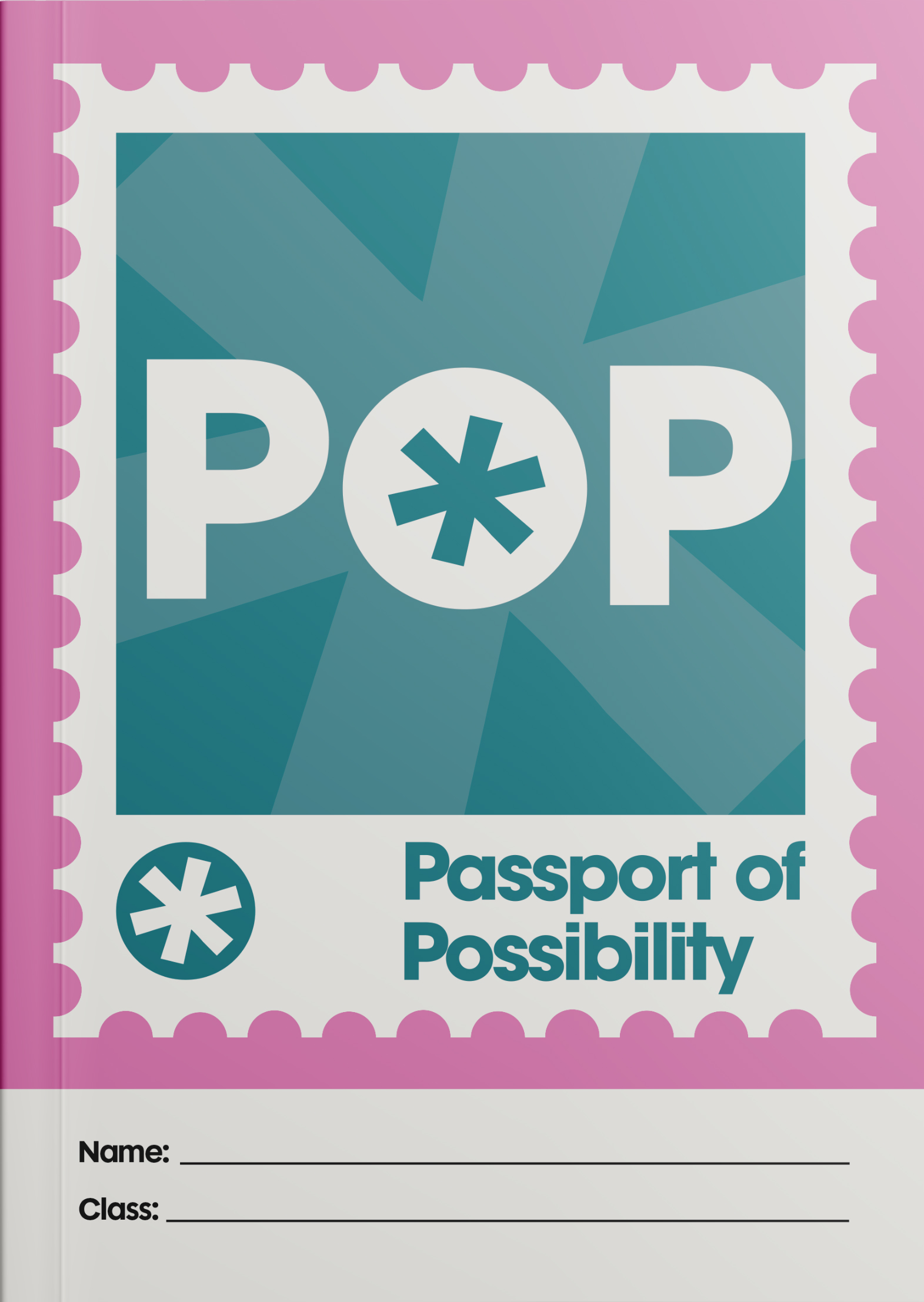 Passport of Possibility book cover with POP logo and spaces for name and class.