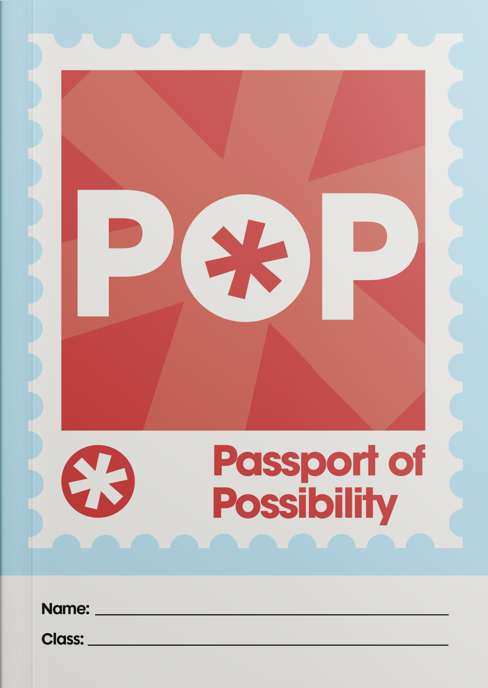 Cover of a book titled POP Passport of Possibility with spaces for name and class.