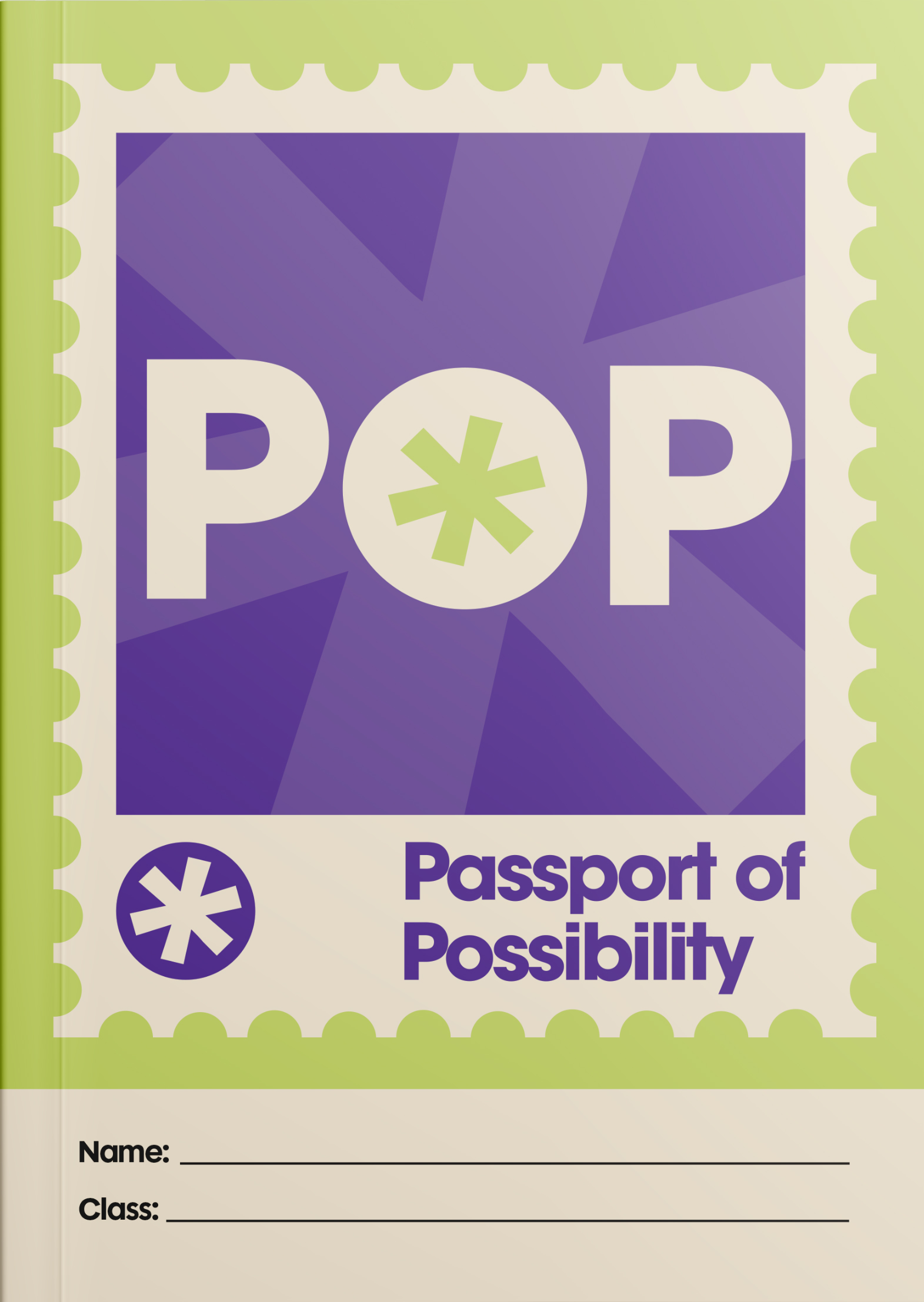 Cover of a Passport of Possibility with P*P logo and lines to write name and class.