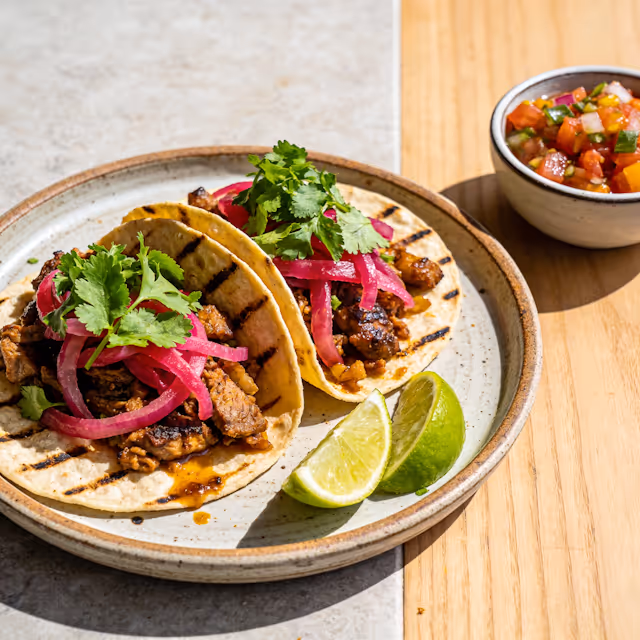 Two grilled tacos with meat, pickled onions, cilantro, and lime wedges on a plate with salsa bowl.