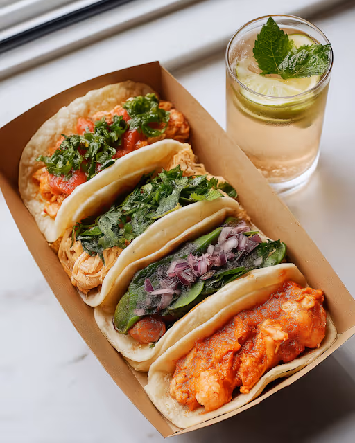 Four assorted tacos with various toppings in a brown container beside a glass with lime and mint.