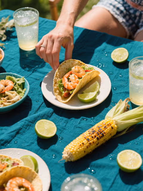 Hand reaching for shrimp taco with lime wedges and grilled corn on a blue tablecloth outdoors.
