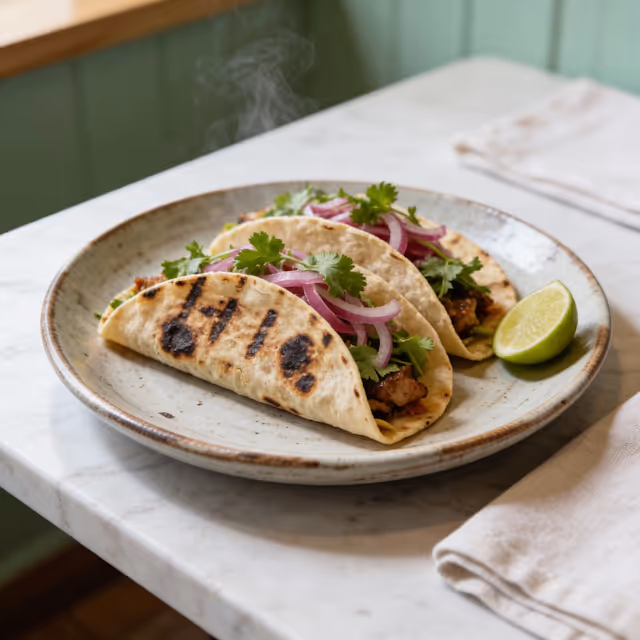 Two grilled tacos with cilantro and red onions on a plate with a lime wedge on a marble table.
