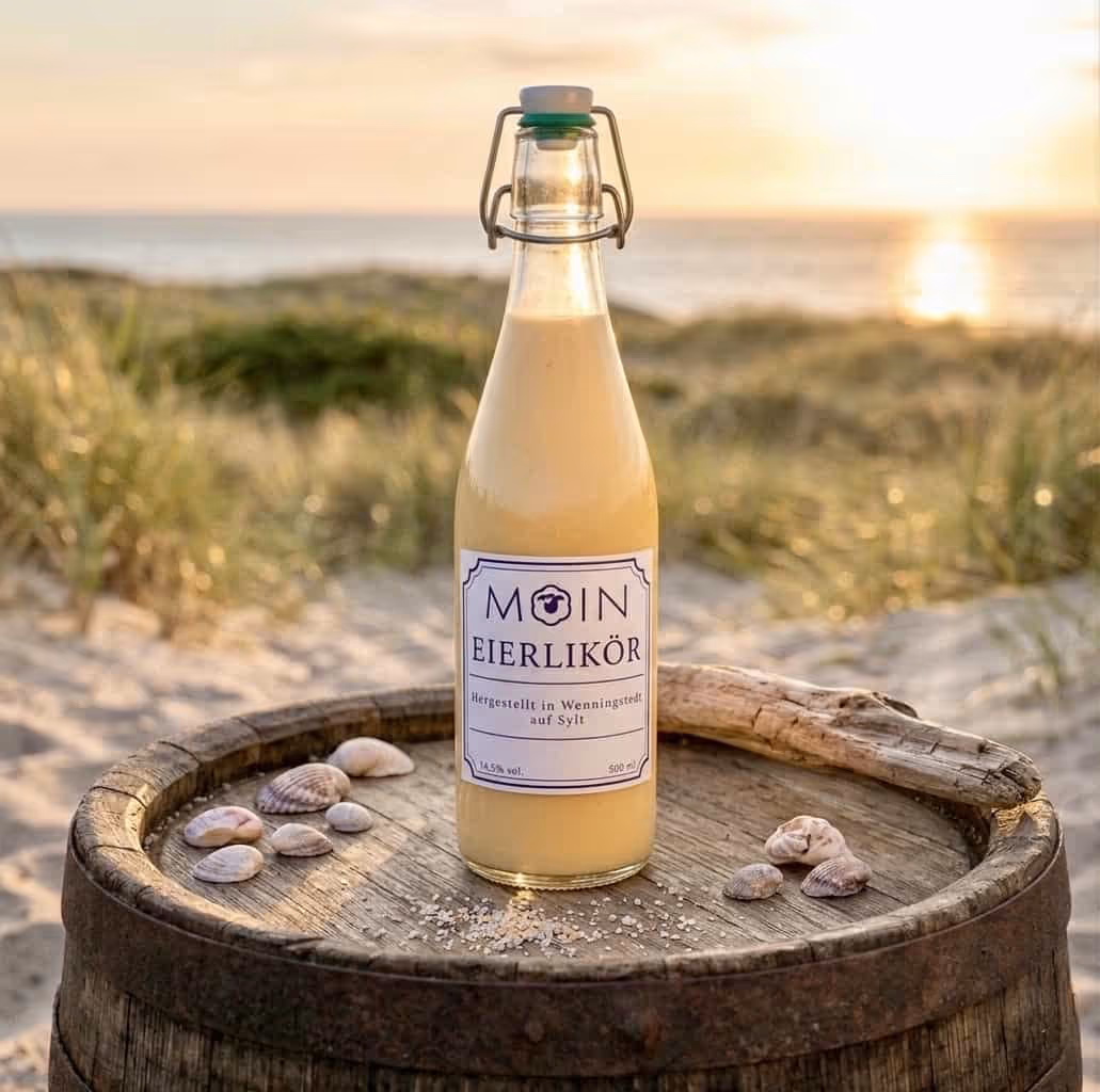 Eine Flasche MOIN Eierlikör auf einem Holzfass mit Muscheln und Sand, im Hintergrund Strand und Meer bei Sonnenuntergang.
