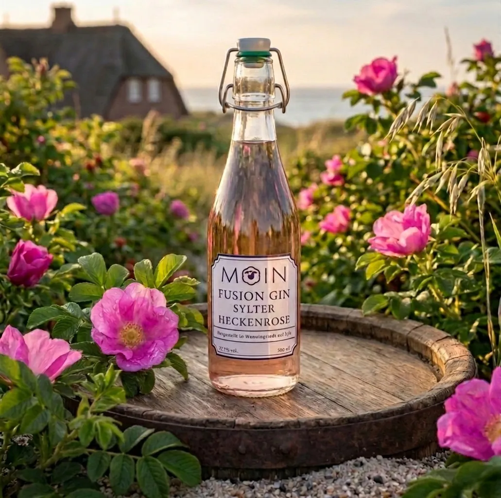 Eine Flasche MOIN Fusion Gin Sylter Heckenrose auf einem Holzfass, umgeben von rosa Rosenblüten und Beeren, im Hintergrund ein verschwommenes Haus und das Meer.