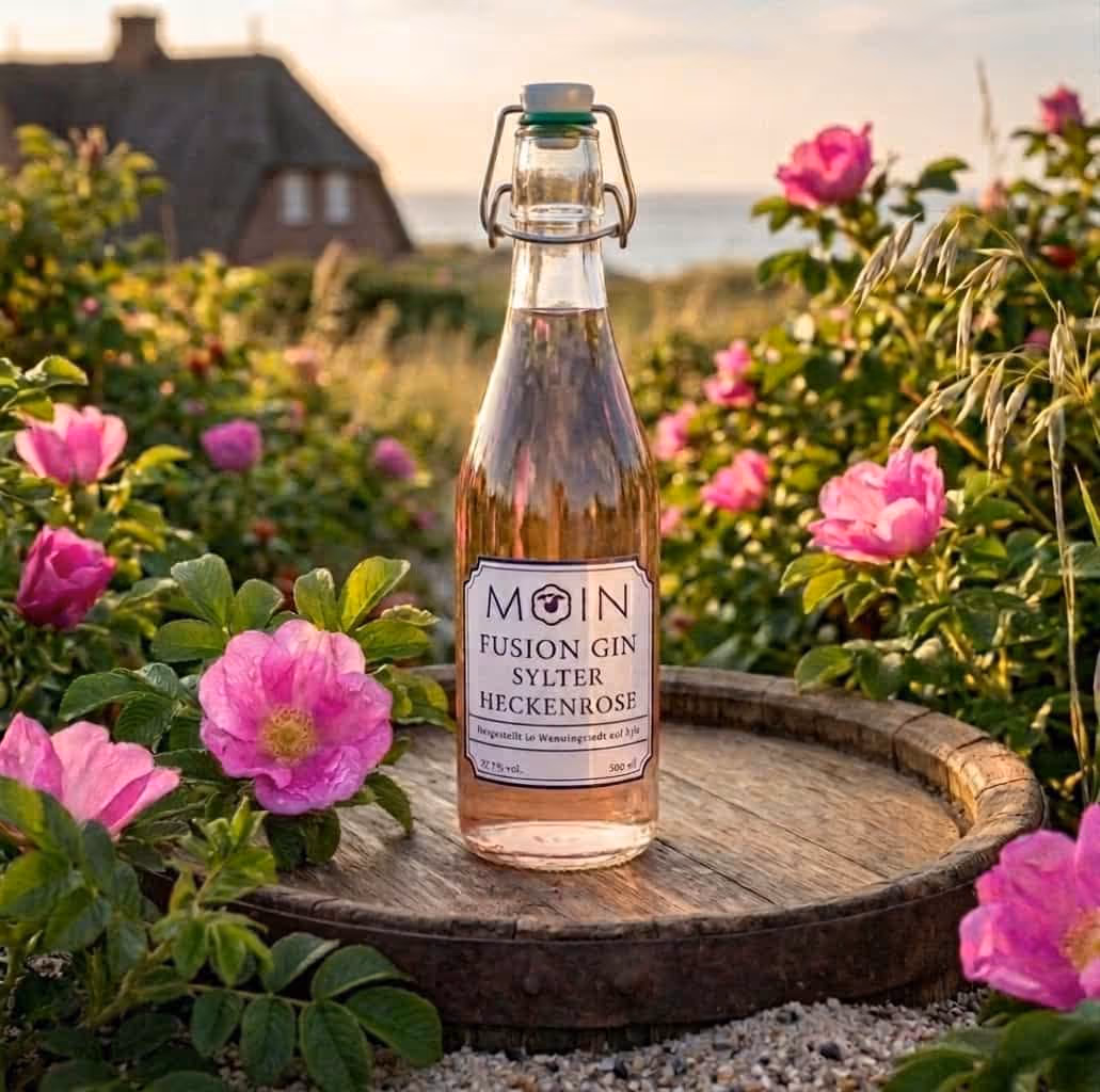 Eine Flasche MOIN Fusion Gin Sylter Heckenrose auf einem Holzfass, umgeben von rosa Rosenblüten und Beeren, im Hintergrund ein verschwommenes Haus und das Meer.