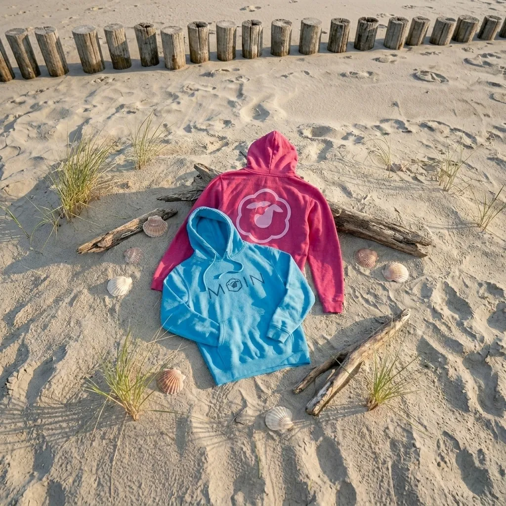 Rosa und blaue Kapuzenpullis lagen flach auf einem Sandstrand, umgeben von Muscheln, Treibholz und Strandgras; im Hintergrund waren Holzpfosten zu sehen.