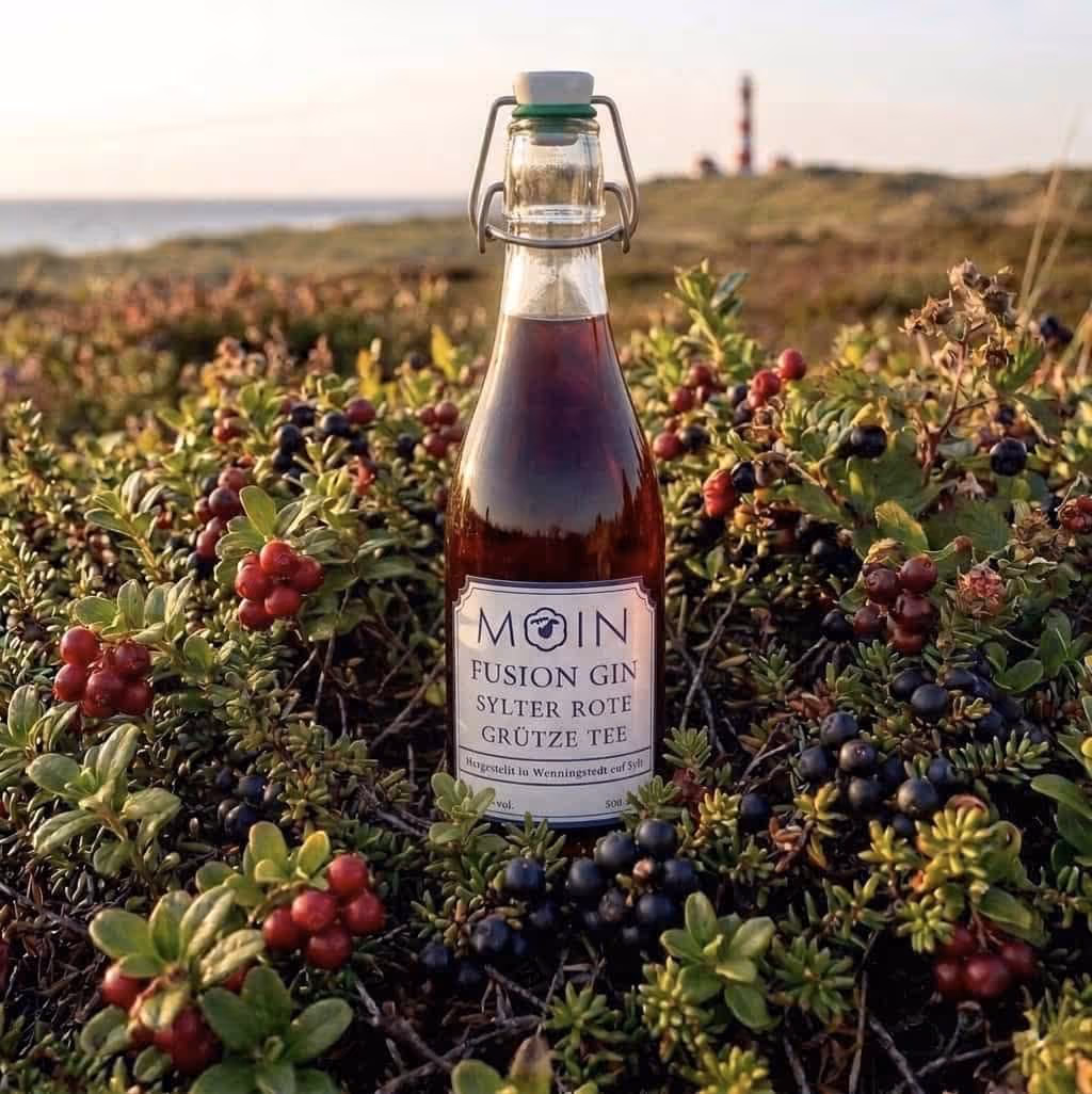 Eine durchsichtige Flasche MOIN Fusion Gin Sylter Rote Grütze Tee steht zwischen grünen Sträuchern mit roten und dunklen Beeren, im Hintergrund ist ein verschwommener Leuchtturm zu sehen.