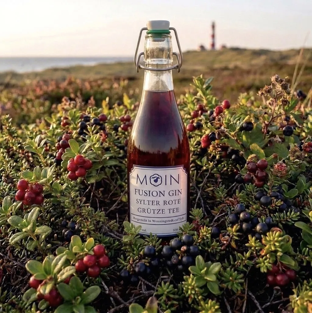 Eine durchsichtige Flasche MOIN Fusion Gin Sylter Rote Grütze Tee steht zwischen grünen Sträuchern mit roten und dunklen Beeren, im Hintergrund ist ein verschwommener Leuchtturm zu sehen.