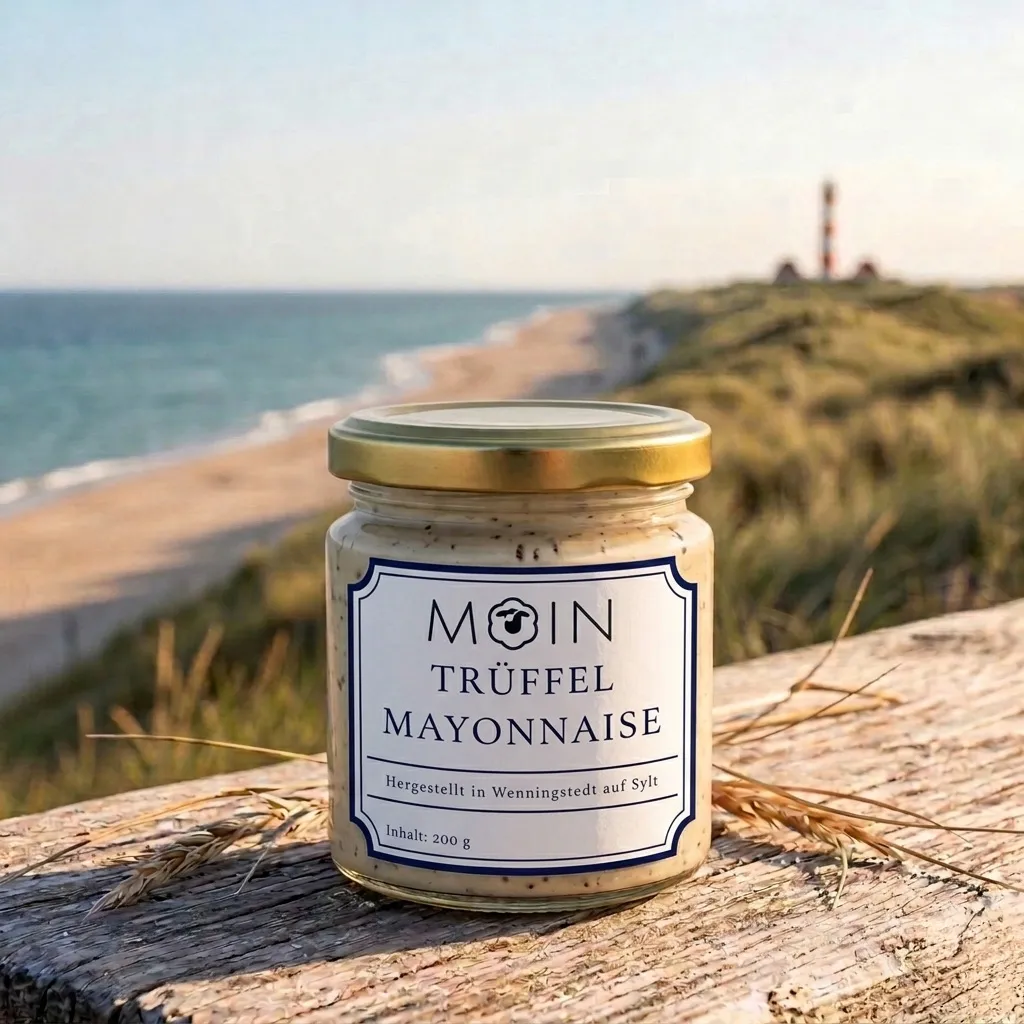 Ein Glas MOIN Trüffel Mayonnaise mit goldenem Deckel steht auf einer Holzfläche in der Nähe eines Strandes mit Dünen und einem Leuchtturm im Hintergrund.