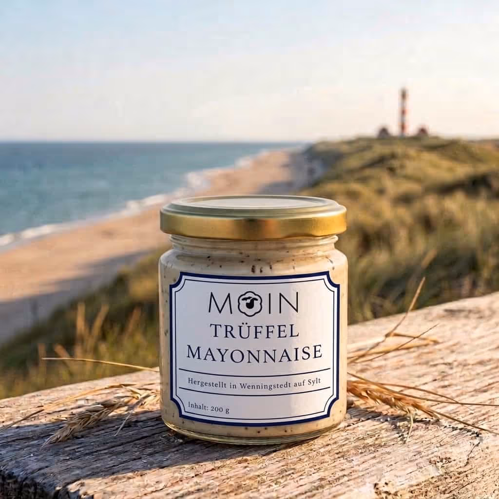 Ein Glas MOIN Trüffel Mayonnaise mit goldenem Deckel steht auf einer Holzfläche in der Nähe eines Strandes mit Dünen und einem Leuchtturm im Hintergrund.