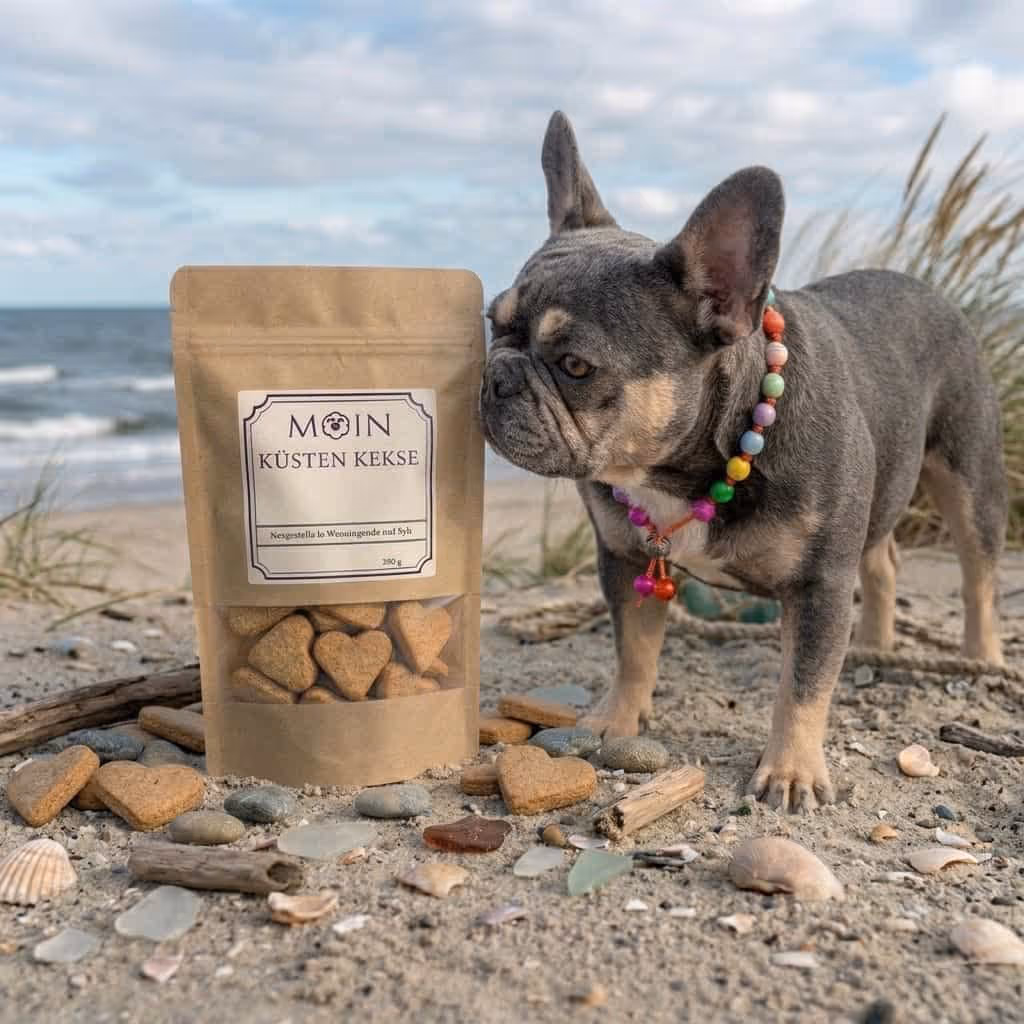 Eine französische Bulldogge mit einer bunten Perlenkette schnüffelt an einer Tüte mit herzförmigen Hundeleckerlis an einem Sandstrand mit Muscheln und Treibglas.