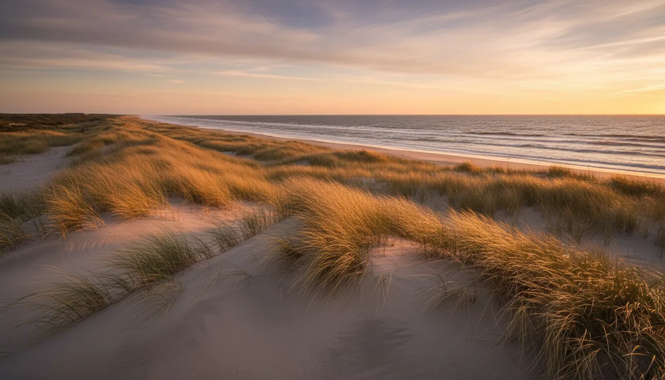 Mit goldenem Strandgras bedeckte Sanddünen bei Sonnenuntergang an einer ruhigen Meeresküste.