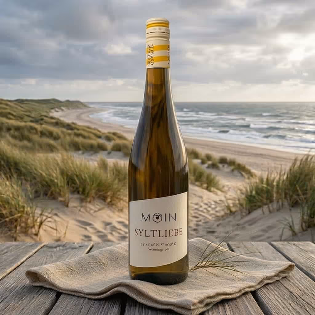 Weinflasche mit dem Etikett MOIN SyltLiebe steht auf einem Tuch an einem Strand mit Dünen.