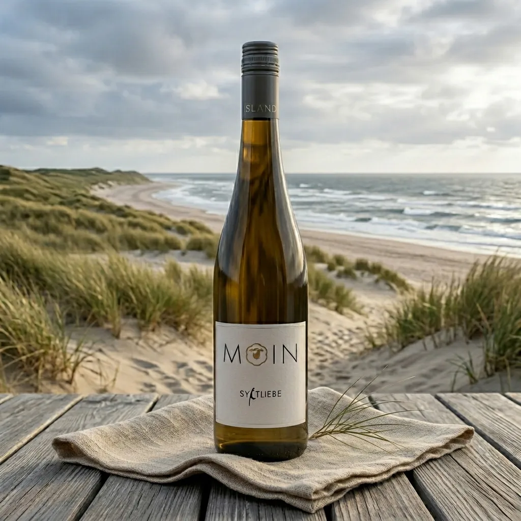 Weinflasche mit dem Etikett MOIN SyltLiebe steht auf einem Tuch an einem Strand mit Dünen.