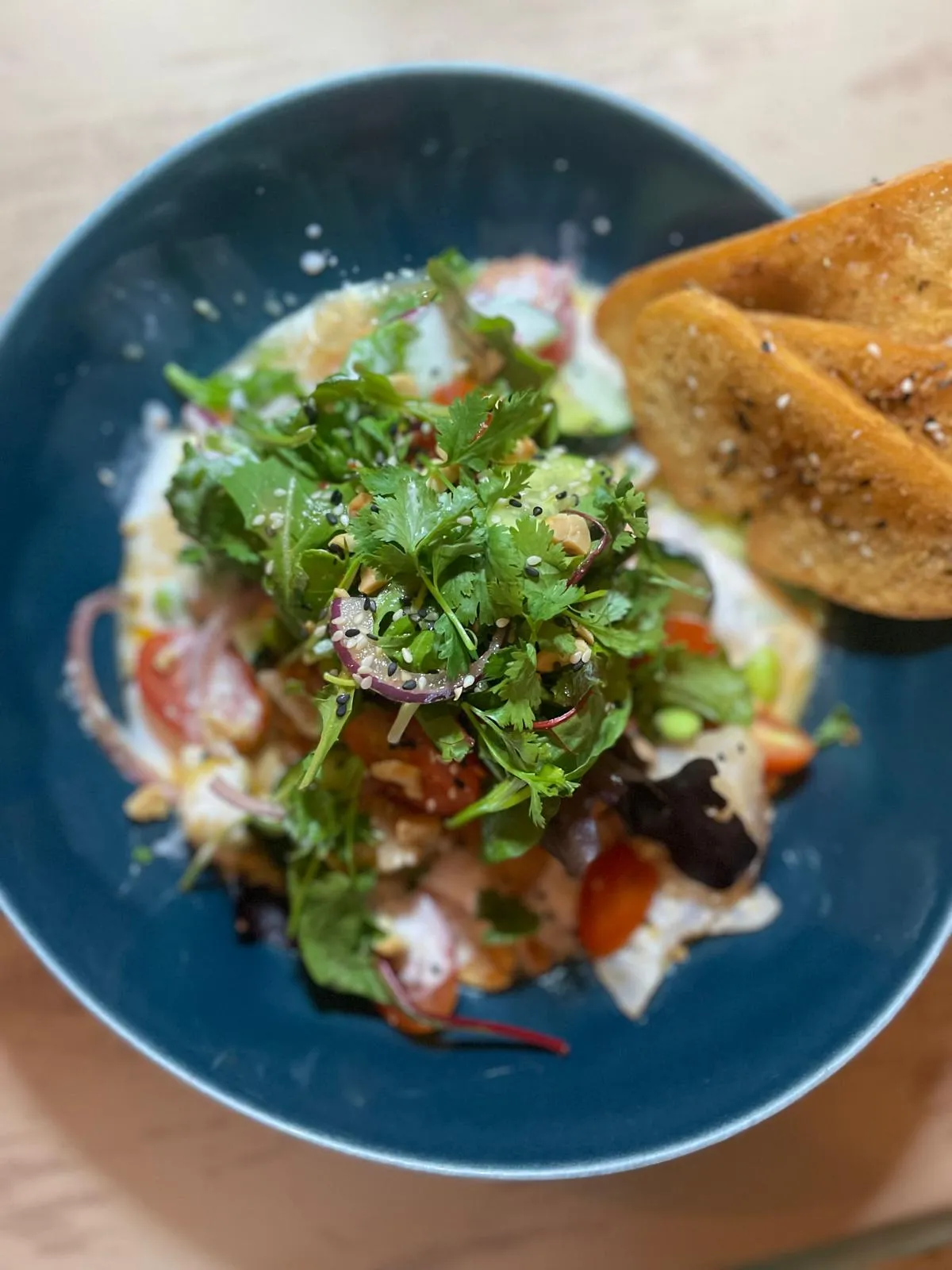 Frischer Salat mit Kräutern, roten Zwiebeln, Tomaten und zwei gewürzten, gerösteten Brotscheiben.