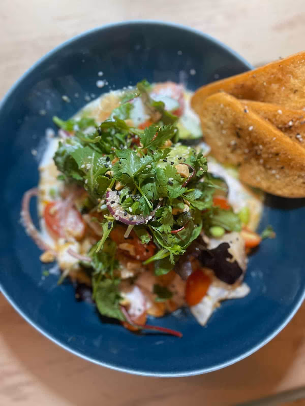 Frischer Salat mit Kräutern, roten Zwiebeln, Tomaten und zwei gewürzten, gerösteten Brotscheiben.