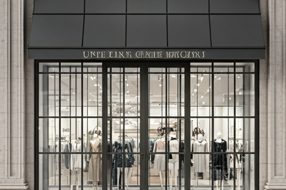 Storefront with large glass windows showing mannequins dressed in elegant clothing inside.