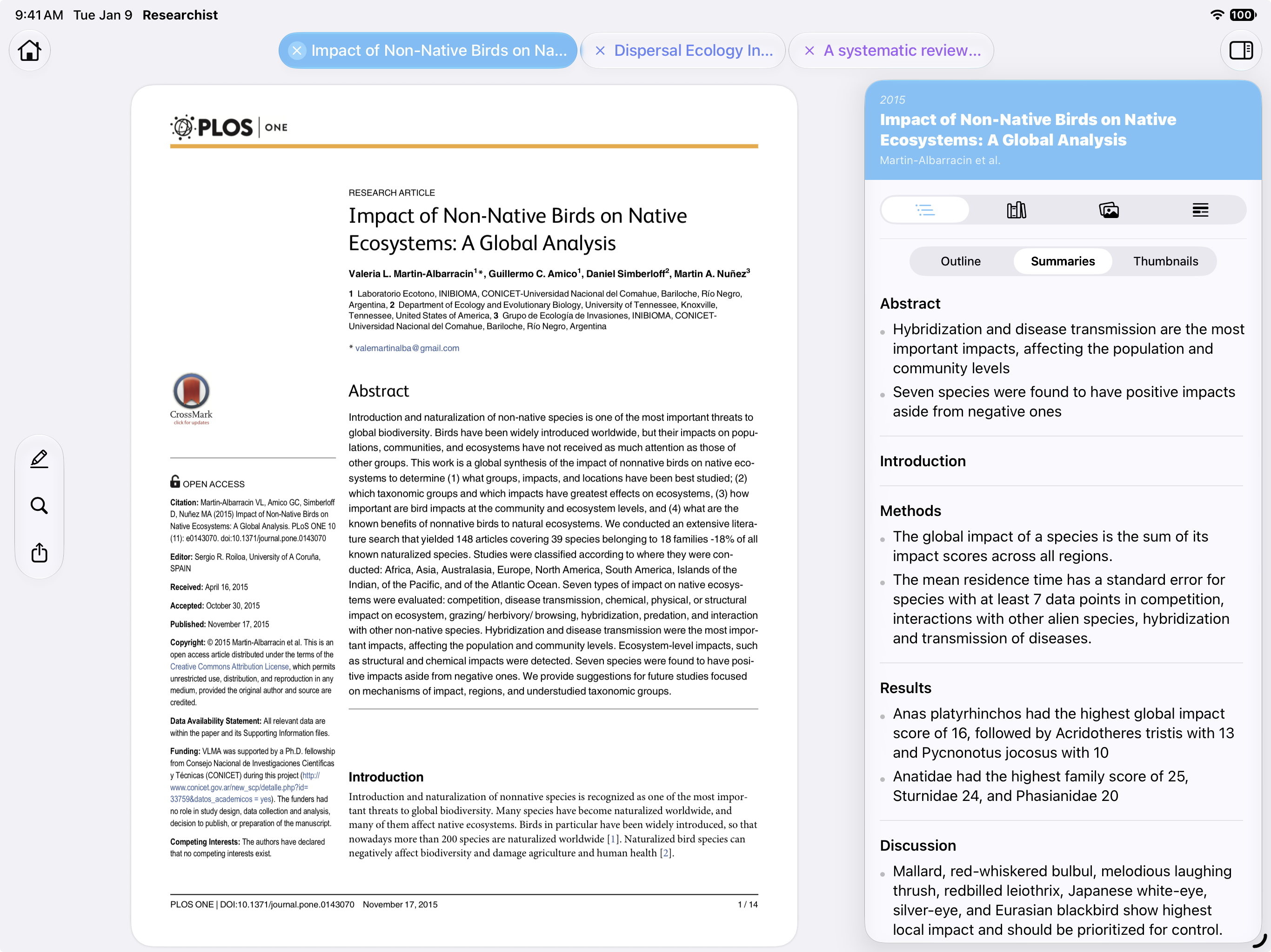 Researchist on iPad showing a research paper with its summary sidebar