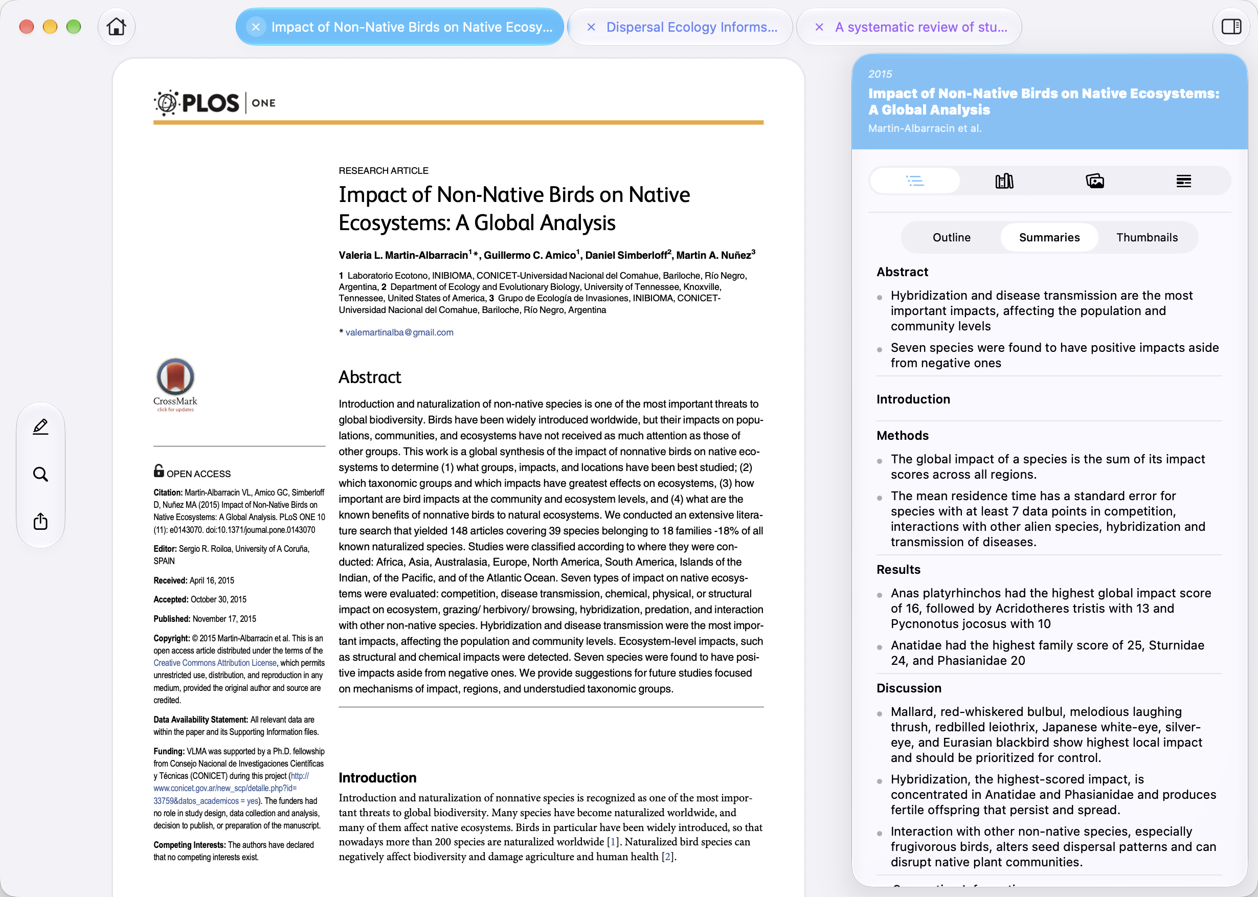 Researchist on Mac showing a research paper with its outline and summary sidebar