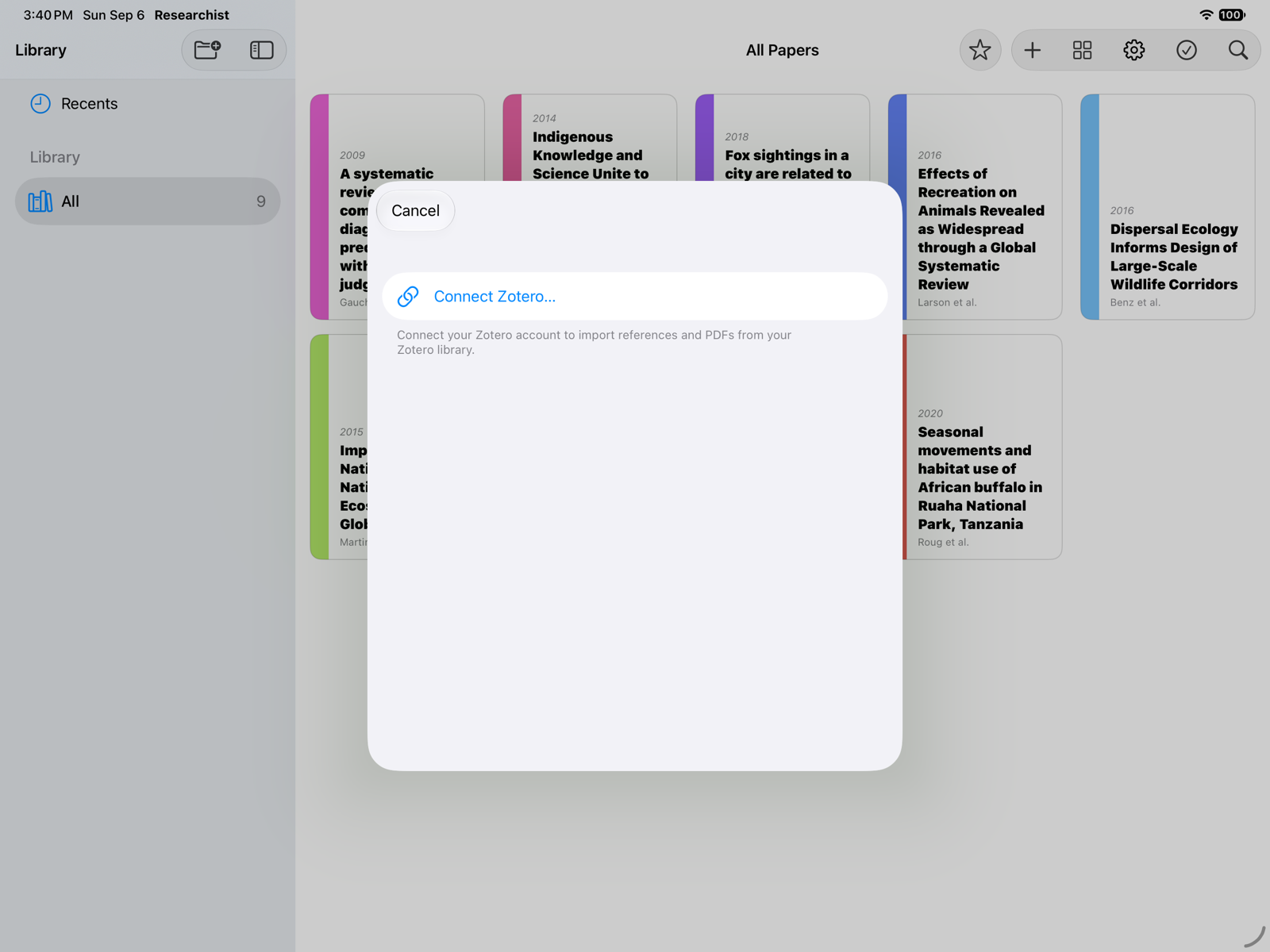 The Zotero sheet before an account is connected, with the Connect Zotero… button