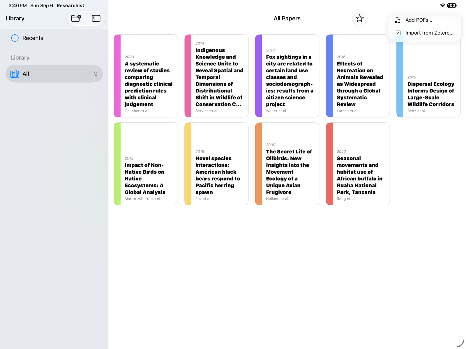 The Import menu in the Researchist library, showing Add PDFs… and Import from Zotero…