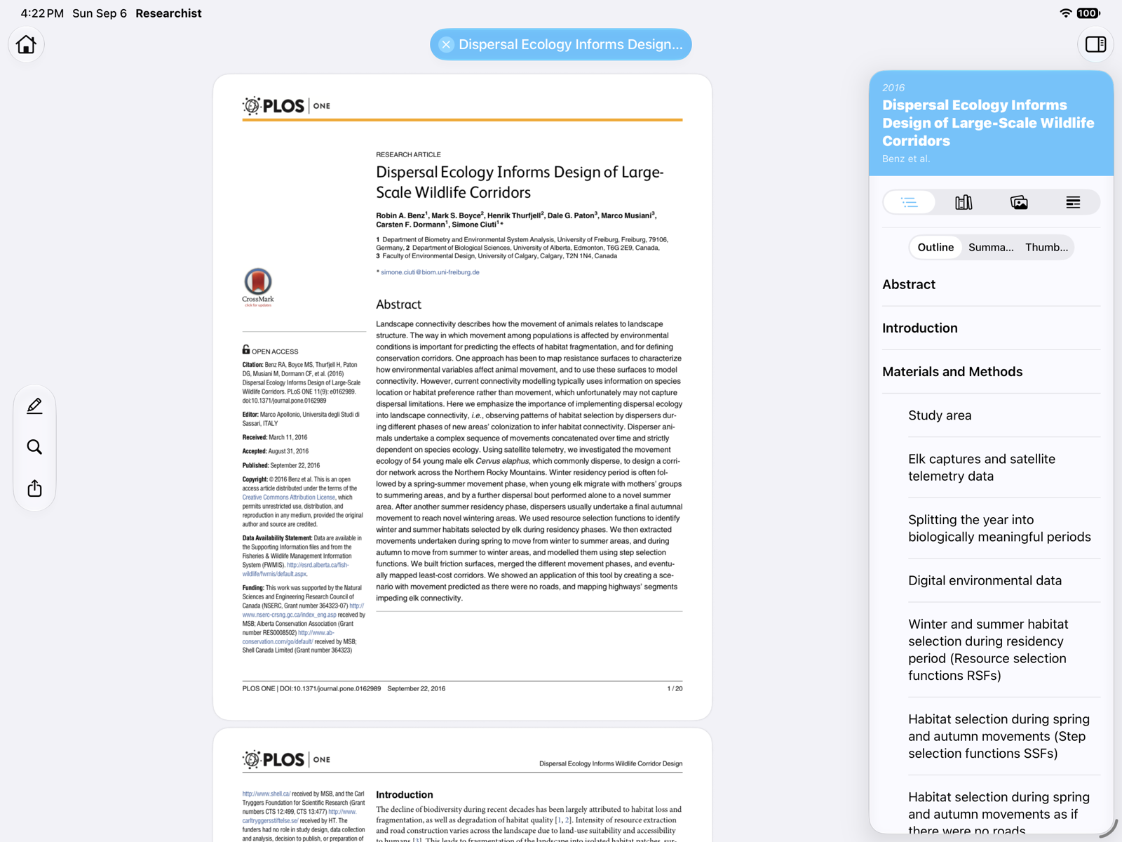 The Outline tab listing the paper's sections
