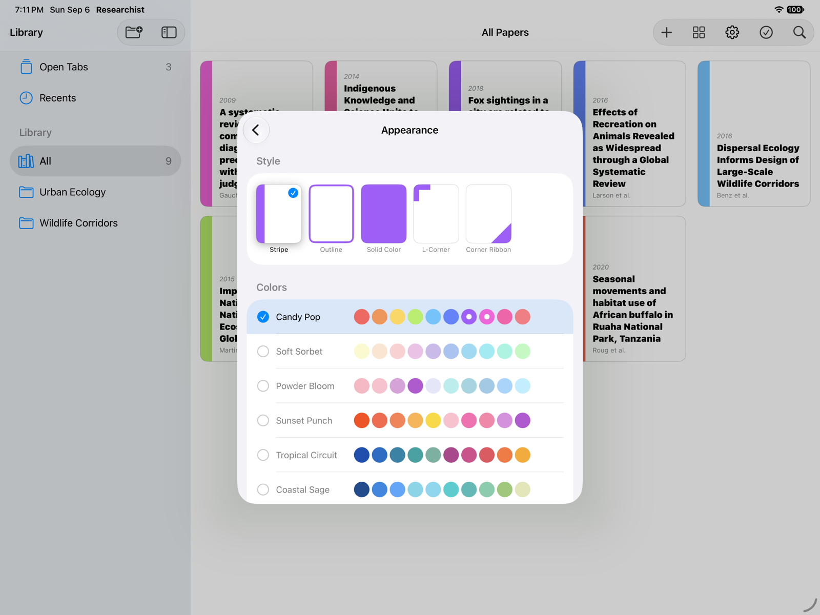 The Appearance settings with the five cover styles and the color themes
