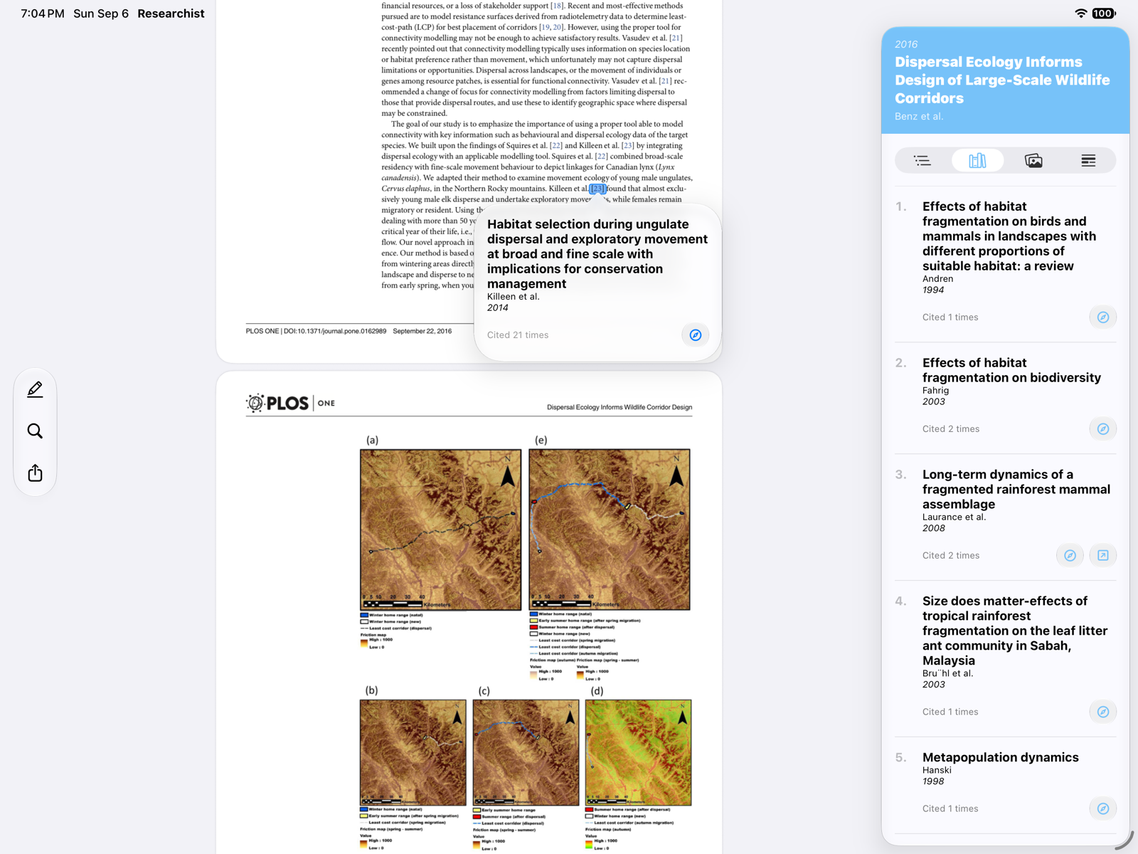 A citation popover showing the cited paper, how often it is cited, and an Open on web button