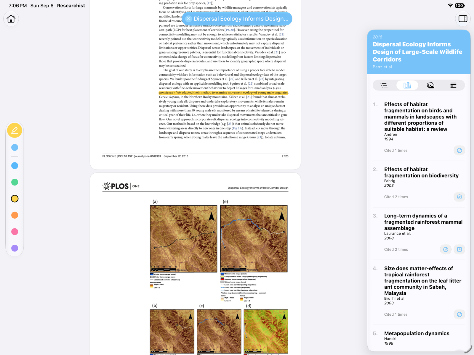 The floating toolbar in highlighter mode with color swatches and a yellow highlight on the page