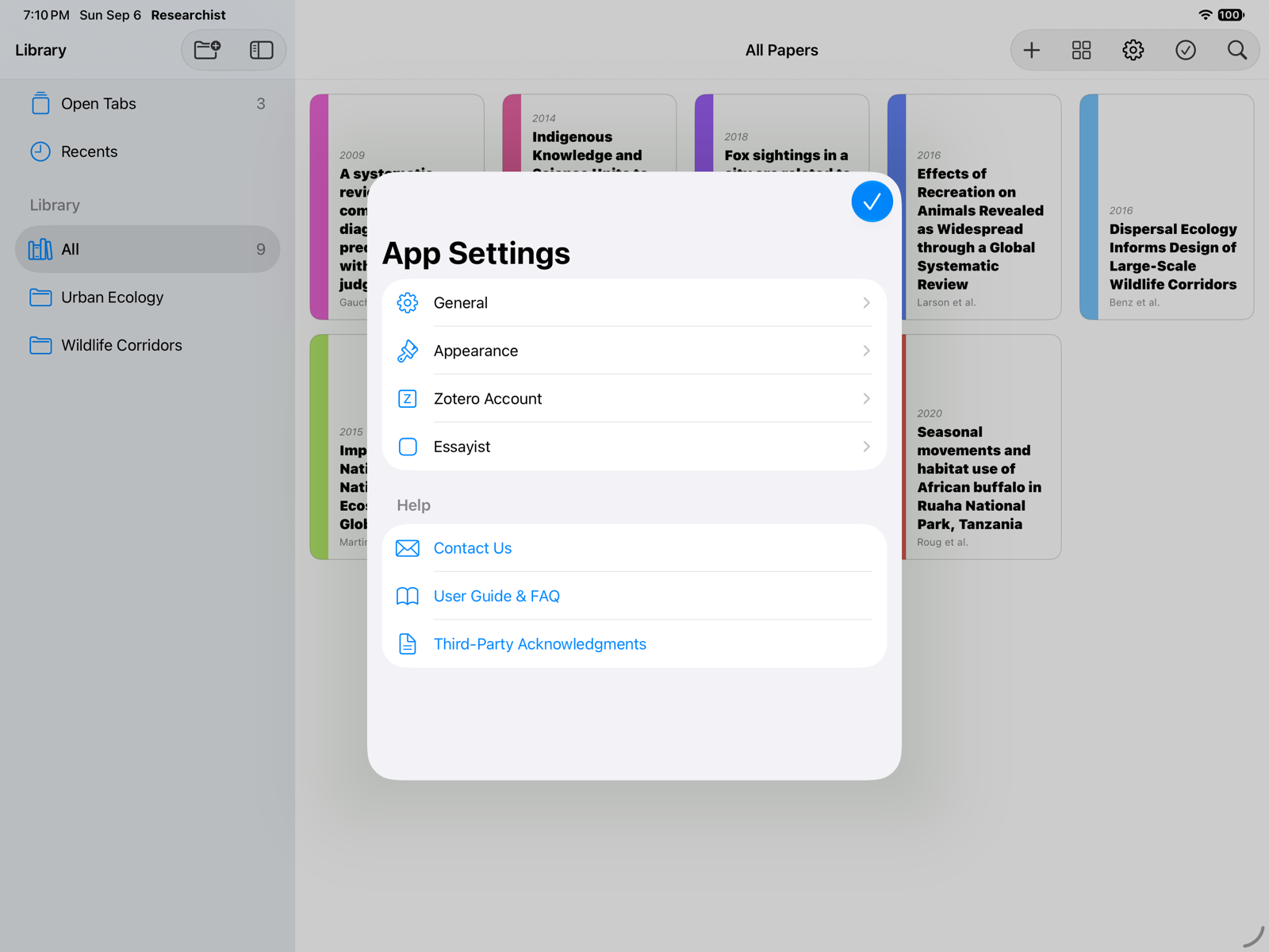 The App Settings screen with General, Appearance, Zotero Account, Essayist, and Help