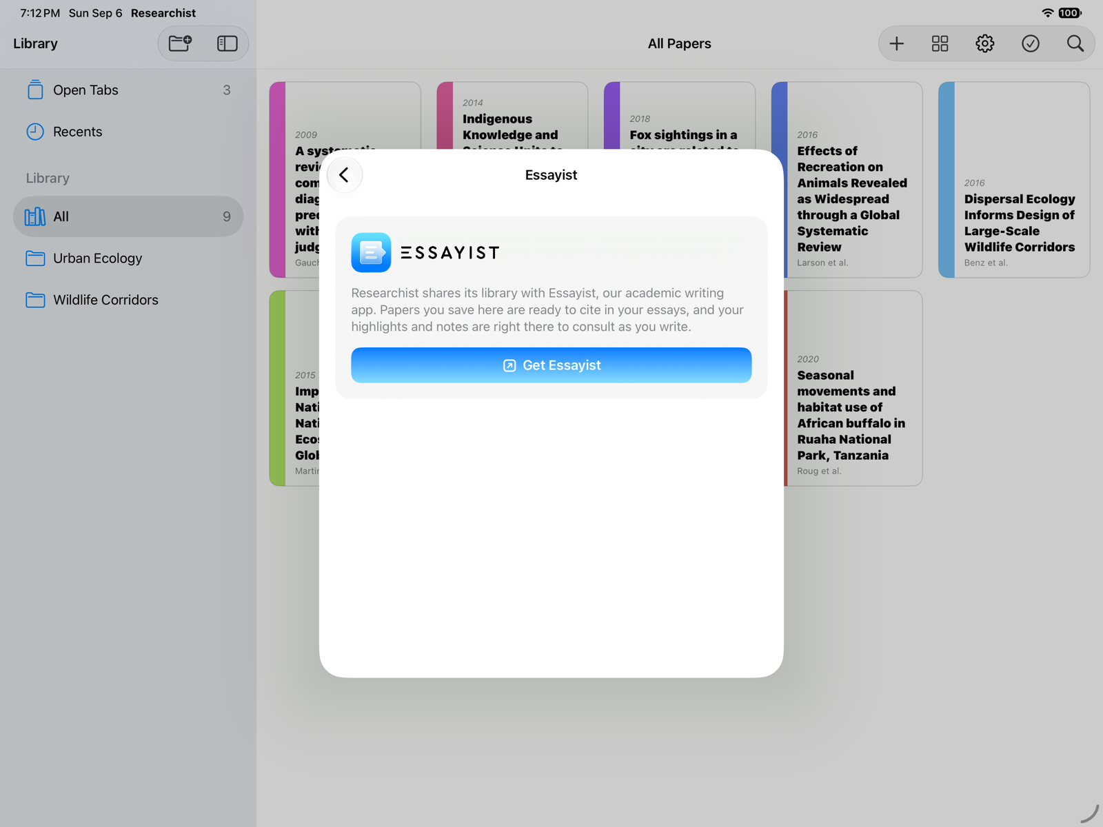 The Essayist section of App Settings with the Get Essayist button