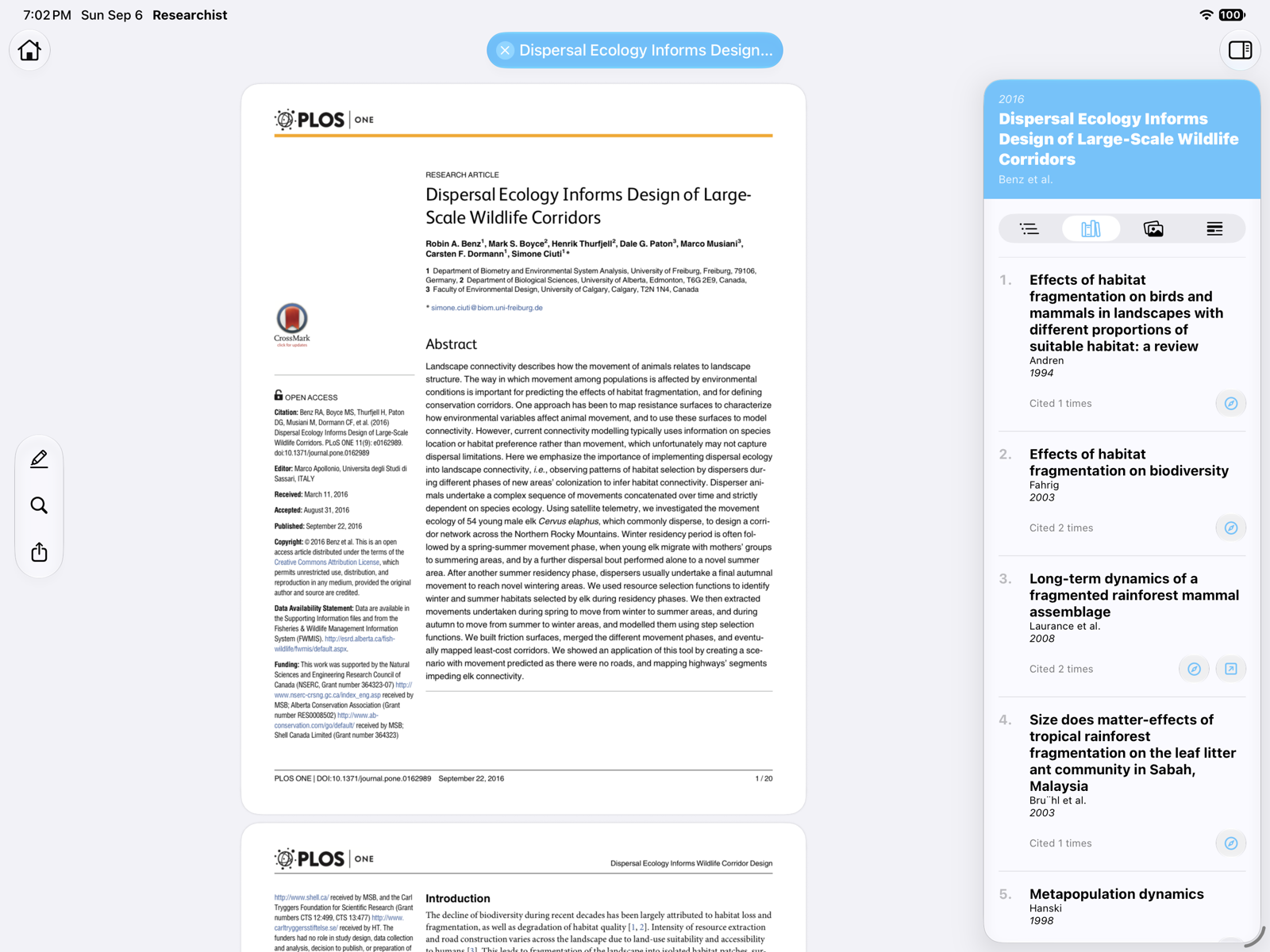 The References tab listing references with citation counts and Open on web and Open PDF buttons