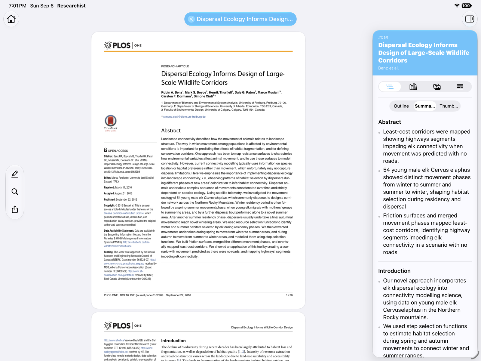 The Summaries view with key points for the abstract and introduction