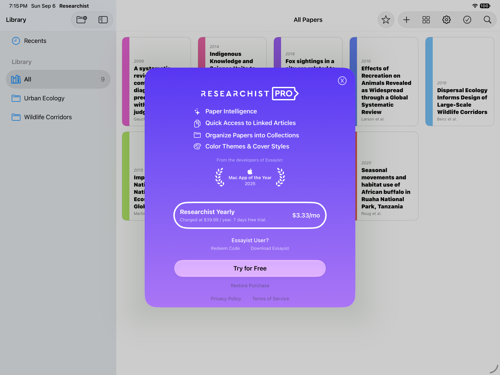 The Researchist Pro screen with the yearly plan, the Essayist User? section, Try for Free, and Restore Purchase