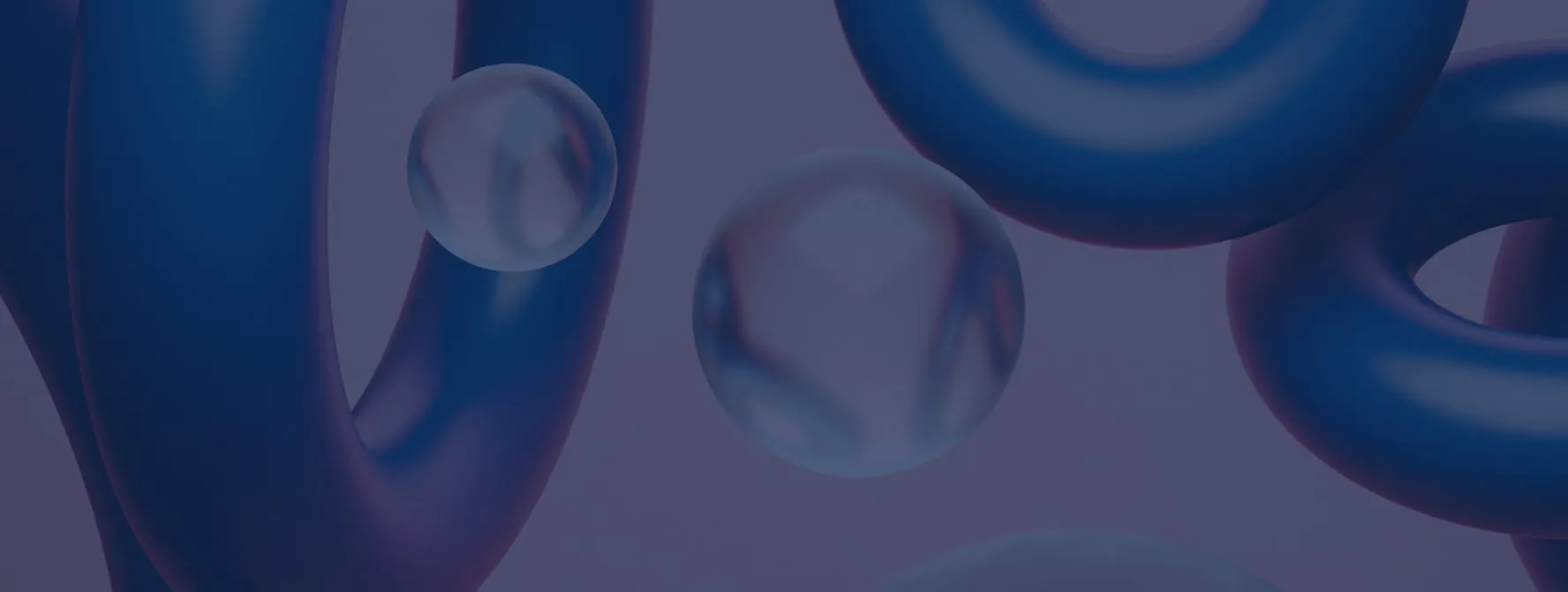 Abstract 3D shapes including blue tubular loops and translucent spheres on a soft purple background.