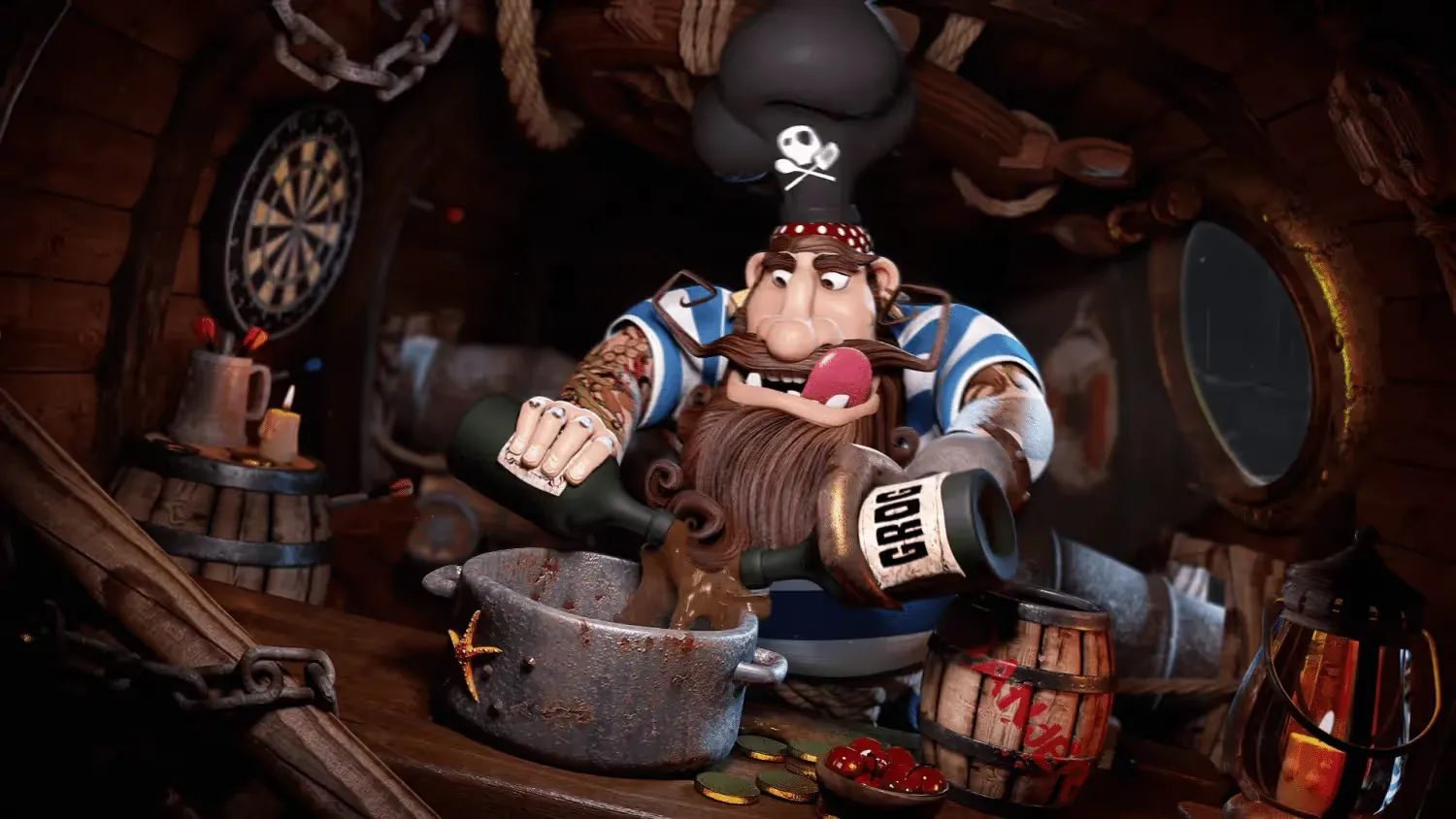 Animated pirate chef with a skull-and-crossbones hat pouring a dark liquid from a bottle labeled 'CAGO' into a pot inside a wooden cabin.