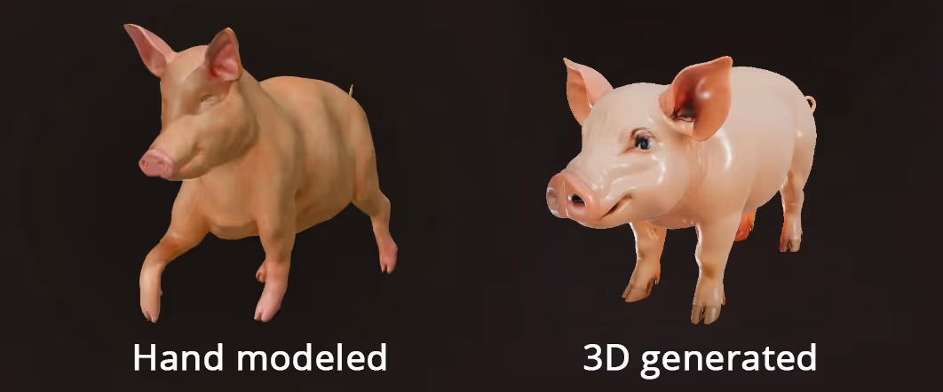 A comparison between a hand modeled 3D pig versus a 3D generated pig