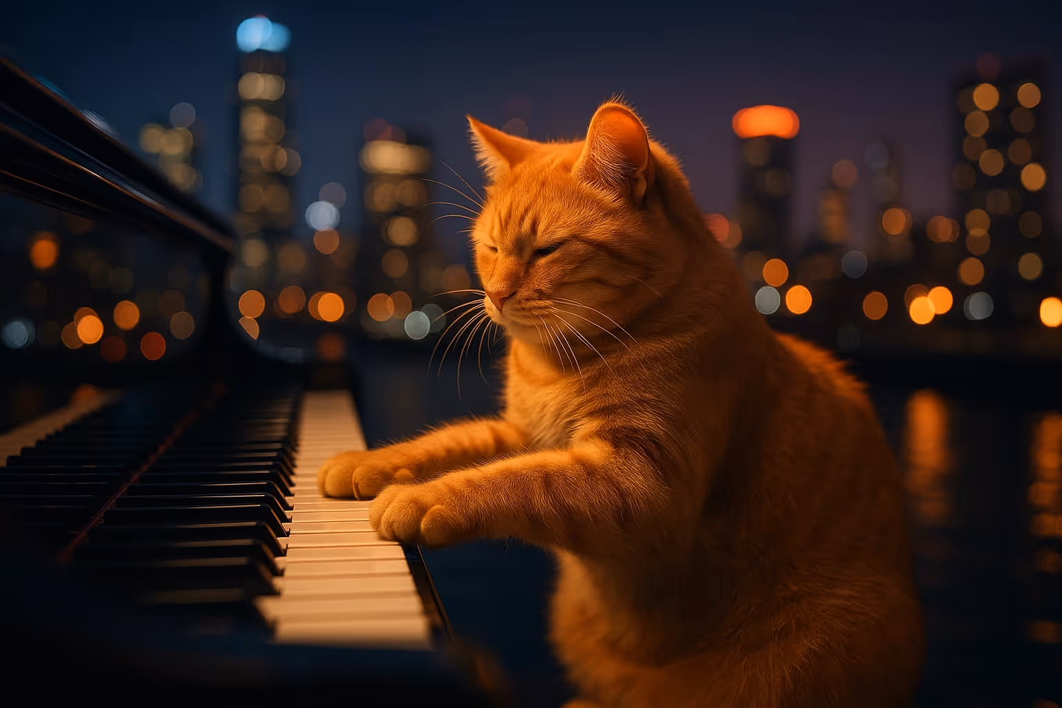 an animated video of a cat playing piano under city lights AI prompt description