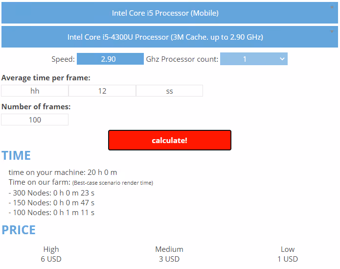 render farm cost calculator's project estimates on GarageFarm