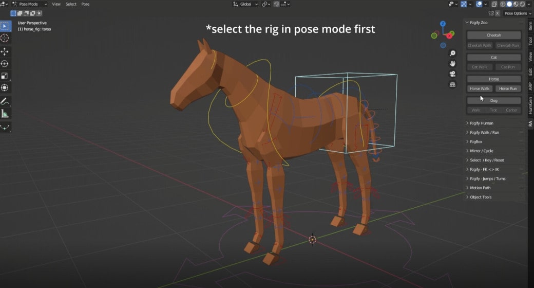 Quick and dirty animated horses in Blender with Rigify Animbox