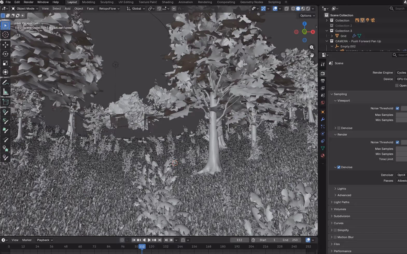 Viewport in Blender with a gray box scene of a forest