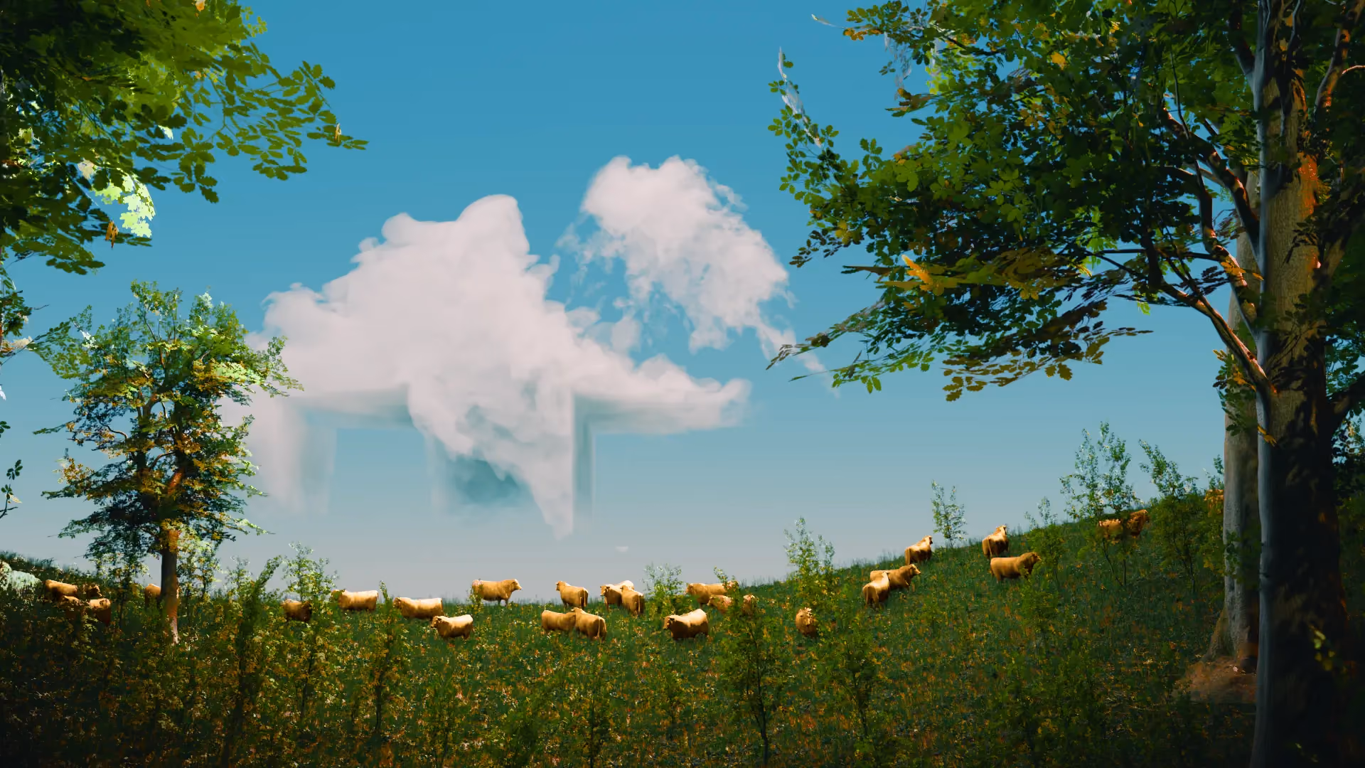 A render of a field with clouds shaped as Garage Farm's logo