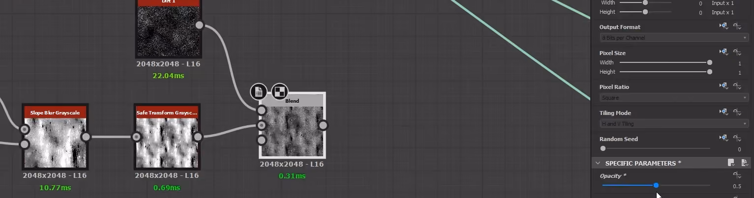 dirt 1のノードを追加し、不透明度を 0.5 に設定