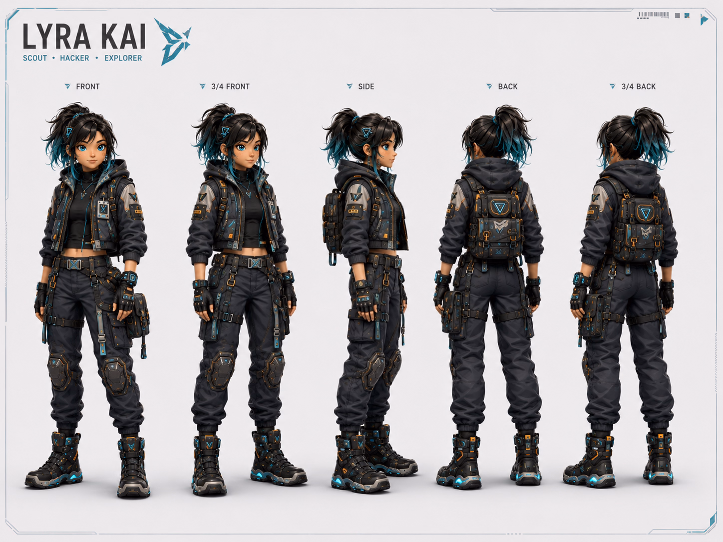 An AI generated character turnaround sheet of a sci-fi girl