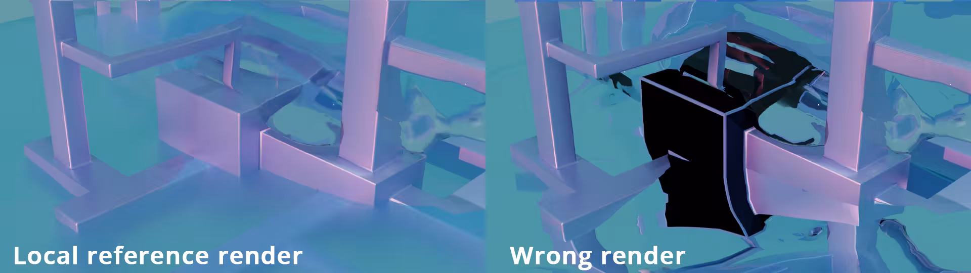 A comparison between a reference render and a render that has mistakes