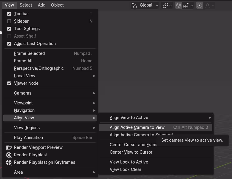 Blender's align active camera to view