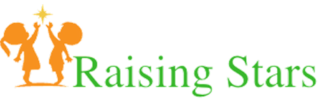Logo of Raising Stars with orange silhouettes of two children holding a star and green text.